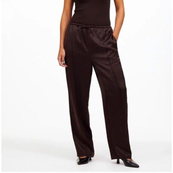 Madewell Pintuck Pull On Satin Pants Drawstring Dark Carob Brown Size XL NQ424 - Picture 1 of 12